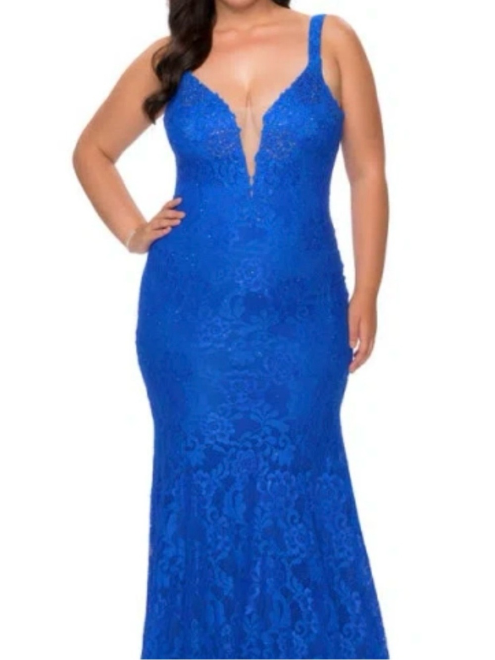 La Femme Royal Blue Lace Mermaid Gown with Plunge V-Neck